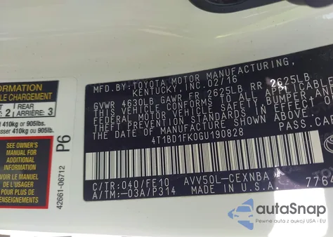 2016 Toyota Camry Le from USA, damaged, VIN 4T1BD1FK0GU190828